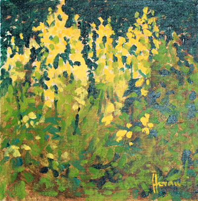 George Horan original art, acrylic on panel, yellow wildflowers