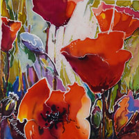 original dye on silk artwork, First Light on a Poppy Field, by Natalia Charapova