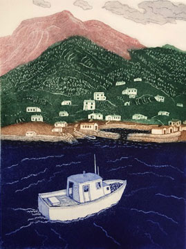 Original art by Sylvia Bendzsa, etching of a boat and village