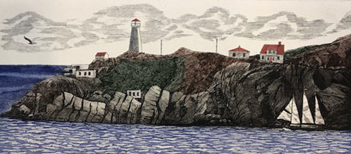 Original art by Sylvia Bendzsa, sailing past the lighthouse