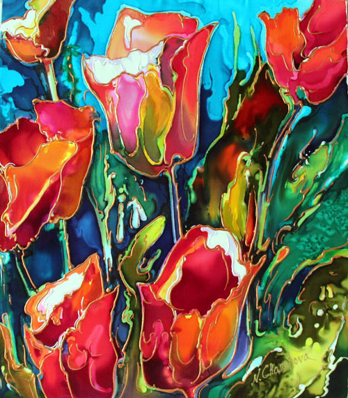 dye on silk painting by Natalia Charapova - tulips